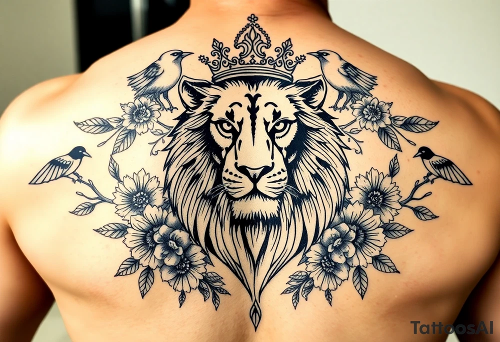 powerful majestic lion with a crown, surrounded by floral ornaments and birds tattoo idea