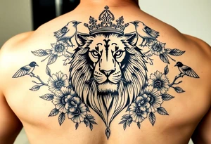 powerful majestic lion with a crown, surrounded by floral ornaments and birds tattoo idea