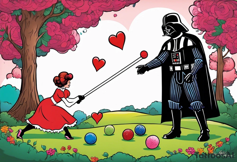 Darth Vader playing croquet with the queen of hearts and bob ross tattoo idea