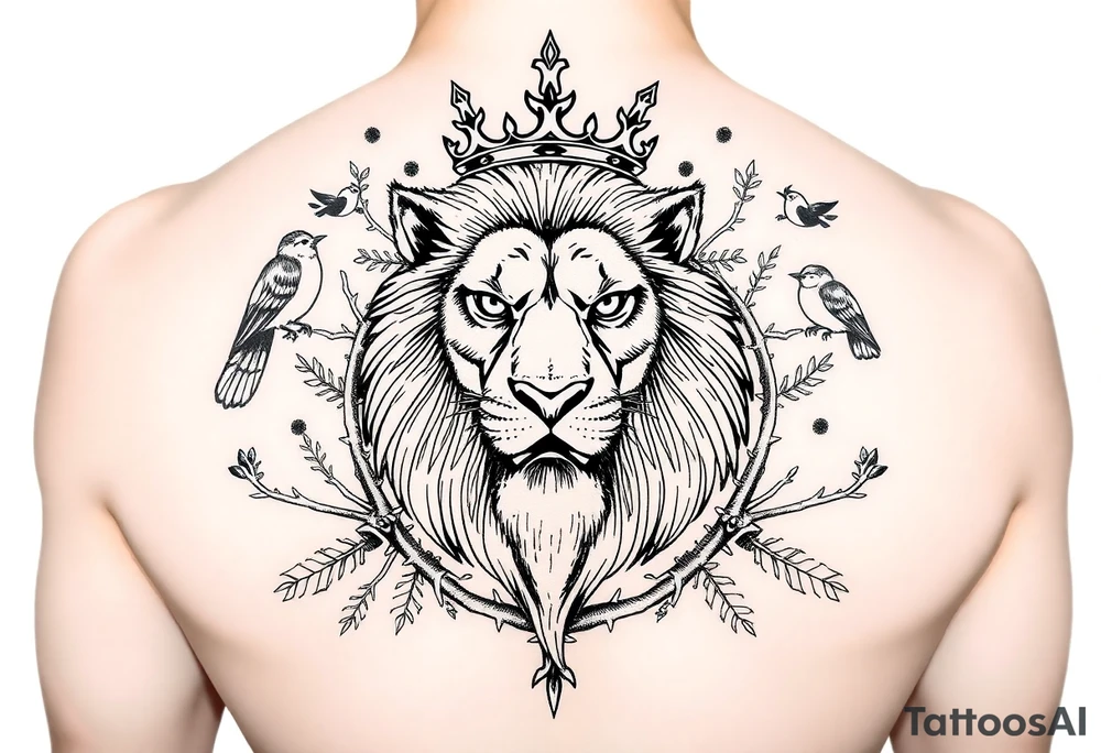 powerful majestic lion with a crown, surrounded by thorns and forestry ornaments and birds tattoo idea