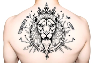 powerful majestic lion with a crown, surrounded by thorns and forestry ornaments and birds tattoo idea