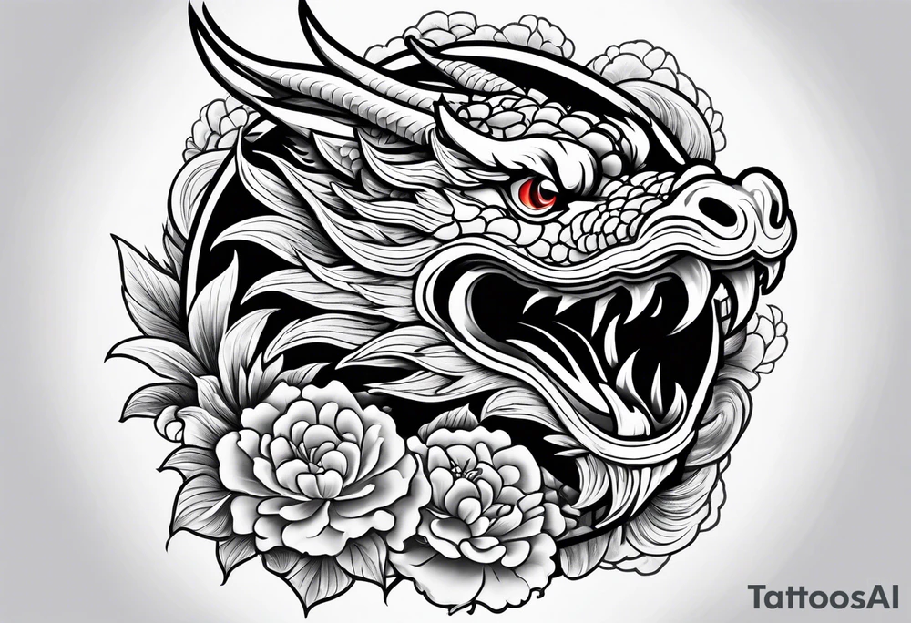 Chinese dragon mouth closed, koi, floral, black, shoulder tattoo idea
