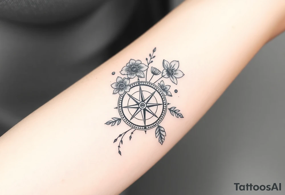 Abstract Compass with large wild flowers flowing above and below the compass tattoo idea