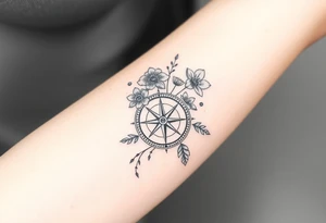 Abstract Compass with large wild flowers flowing above and below the compass tattoo idea