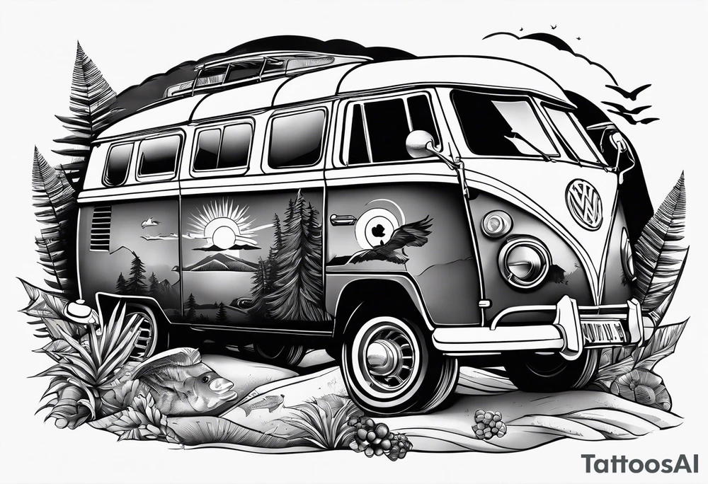 Beach hills plane rugby ball book campervan wine bottle tattoo idea