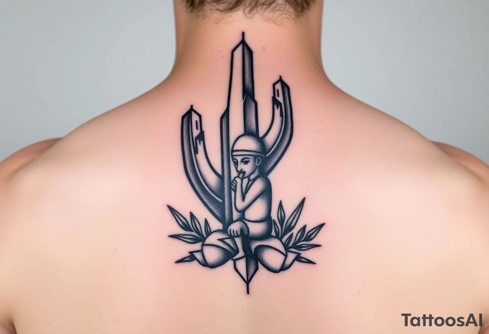 cactus in the middle
kokopelli playing flute in front ot cactus tattoo idea