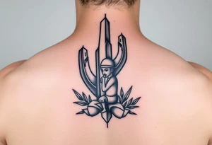 cactus in the middle
kokopelli playing flute in front ot cactus tattoo idea