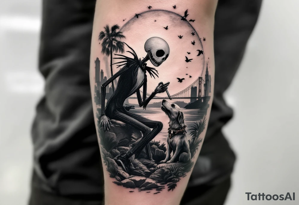 jack skellington with dog,smoking a blunt and fishing,surrounded by city buildings,golden gate bridge, birds, palm trees, tattoo idea