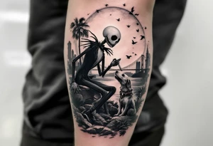 jack skellington with dog,smoking a blunt and fishing,surrounded by city buildings,golden gate bridge, birds, palm trees, tattoo idea