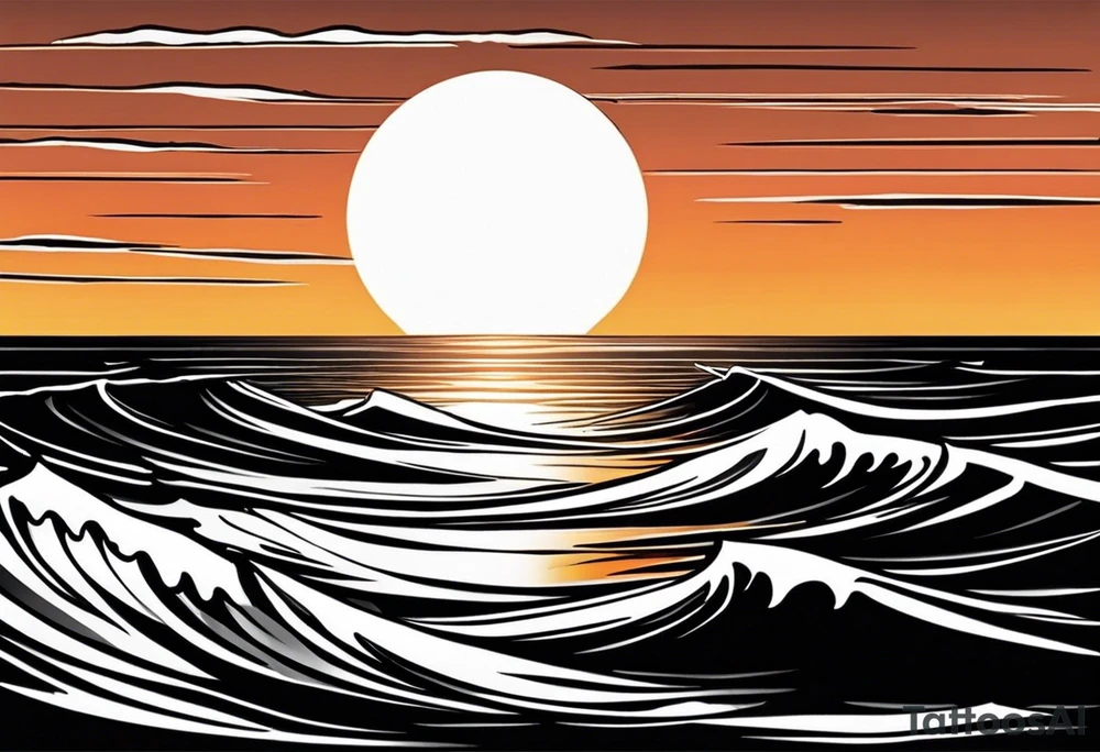 Sunset from the perspective of being on a boat on the ocean. The waves are very calm and there is no land in site. There are slight reflections of the sun on the water. The tattoo will be in landscape orientation on the forearm, rought 3 inches wide and 2 inches tall. The style is incredibly minimal and simple. Mostly black with small splashes of color from the sun. tattoo idea