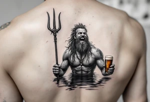 laughing poseidon in calm water, holding a trident, holding a beer, with bare feet out of water tattoo idea