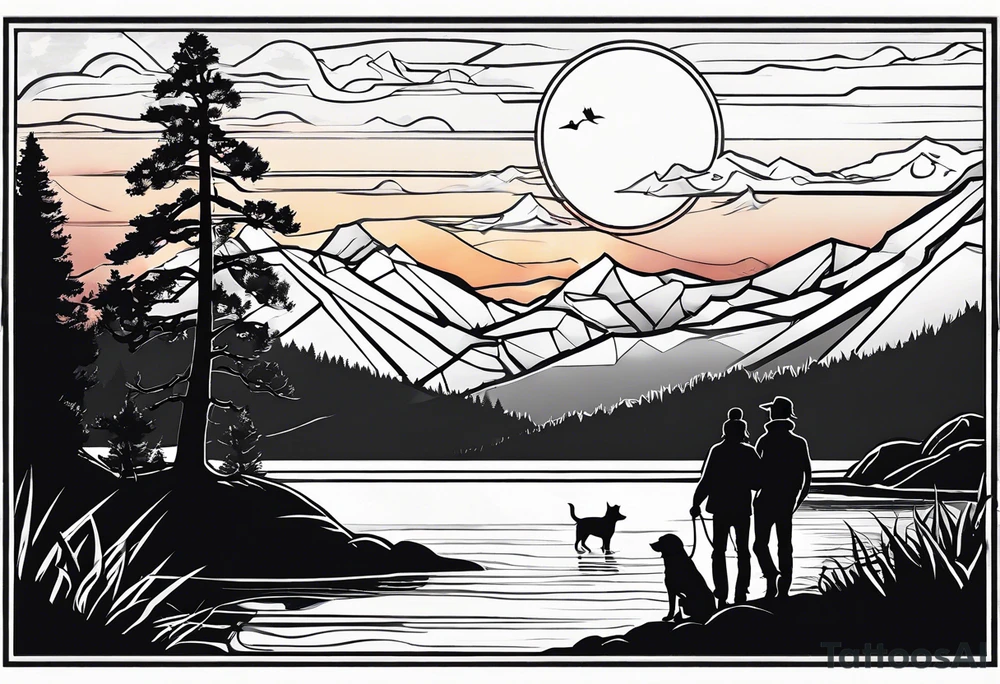 nature, sunset, mountains, a father and son hiking with their dog and cat by the water tattoo idea