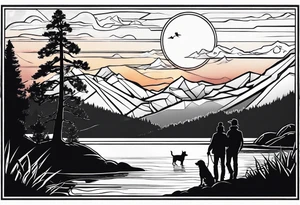 nature, sunset, mountains, a father and son hiking with their dog and cat by the water tattoo idea