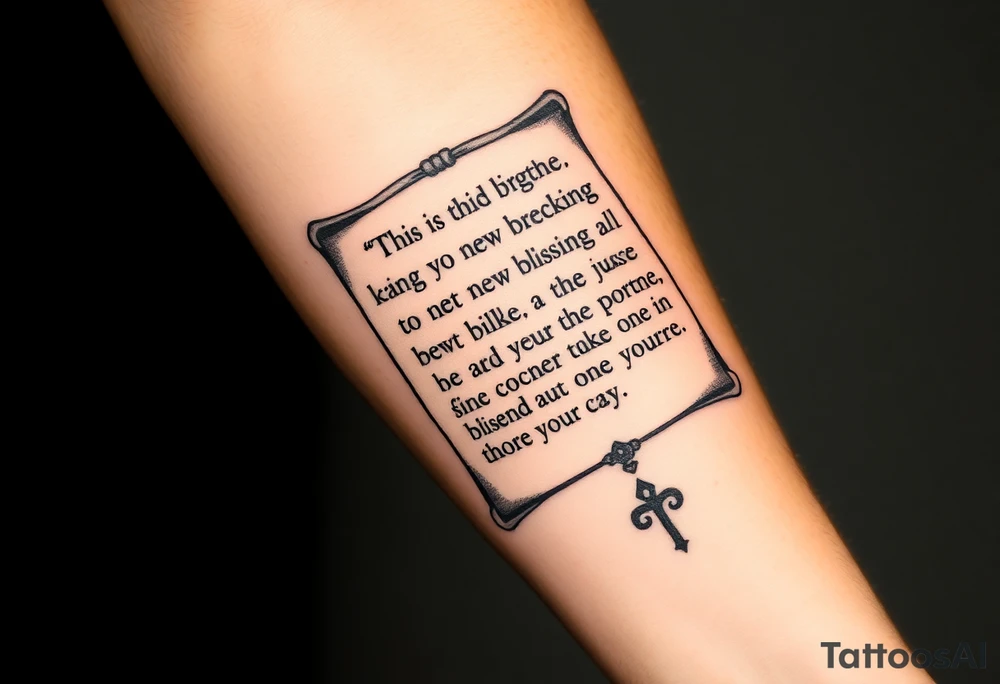 A large scroll of a bible scripture about new blessing and lost of a love one tattoo idea