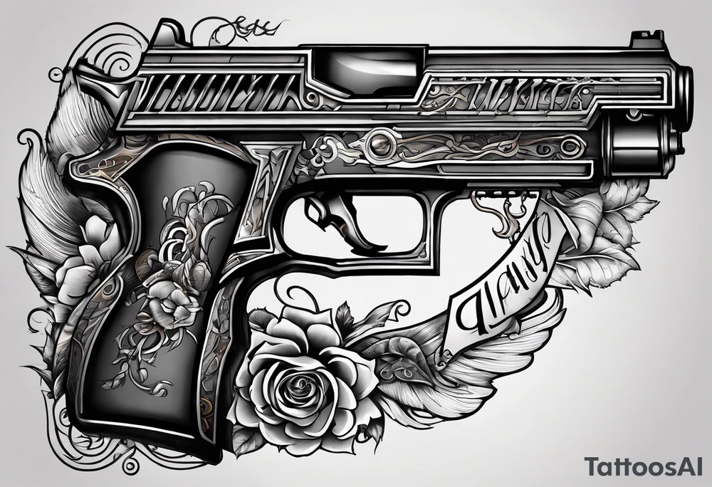 The letters AR with a pistol on each side and the word always on the top and the word ready on the bottom tattoo idea