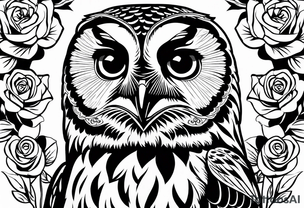 Barred owl with a single rose tattoo idea