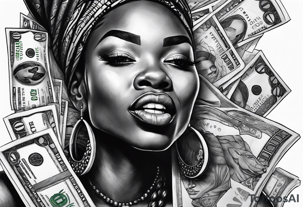 african woman biting money tattoo idea