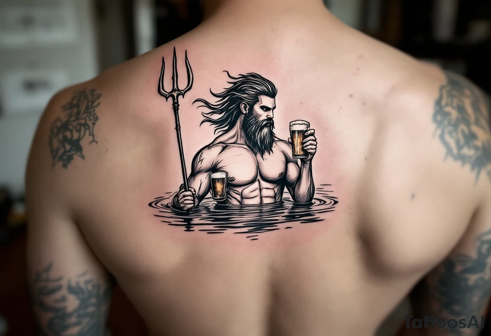 young, sexy, fit poseidon in calm water, holding a trident, drinking a beer, with sunset tattoo idea