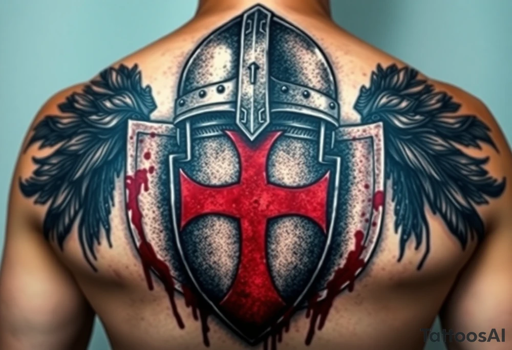 A black and silver medieval helmet with battle scars, resting on a bloodstained Templar shield with a bold red cross at its center tattoo idea