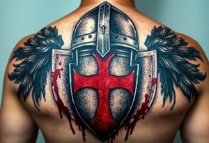 A black and silver medieval helmet with battle scars, resting on a bloodstained Templar shield with a bold red cross at its center tattoo idea