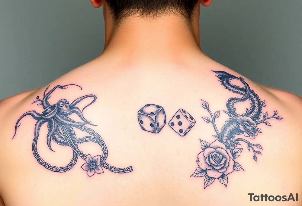 squid, knight and dragon combined with chains, tree roots, cherry blossoms and roses rolling dice tattoo idea