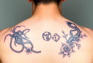 squid, knight and dragon combined with chains, tree roots, cherry blossoms and roses rolling dice tattoo idea