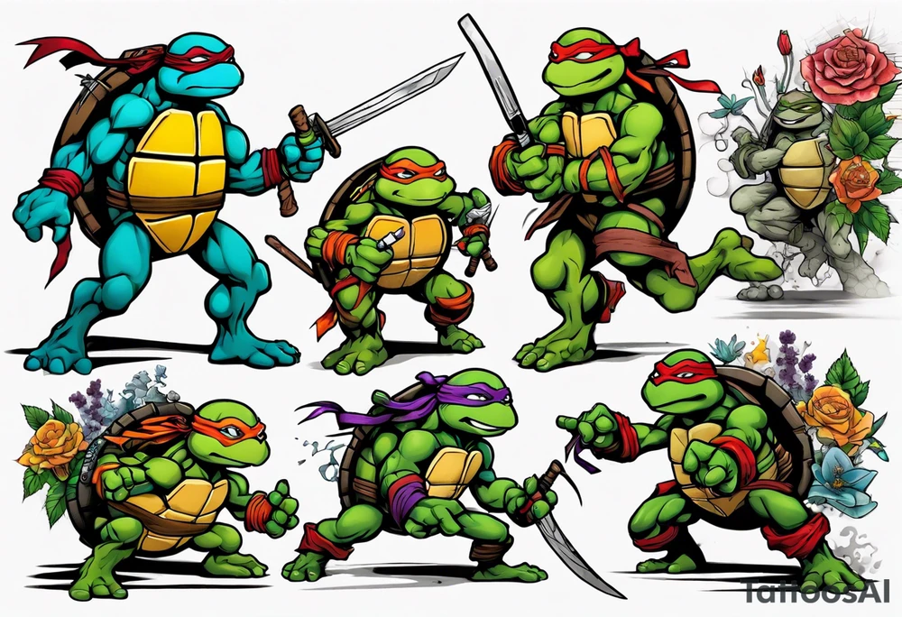 teenage mutant ninja turtles fighting in a city with floral accents tattoo idea