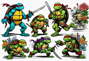 teenage mutant ninja turtles fighting in a city with floral accents tattoo idea