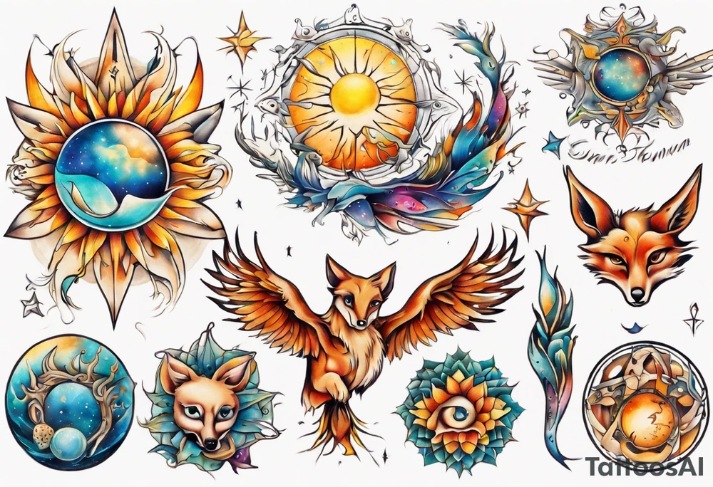 fisch, fuchs und eule , symetrie  sonne, universum, bunt tattoo idea