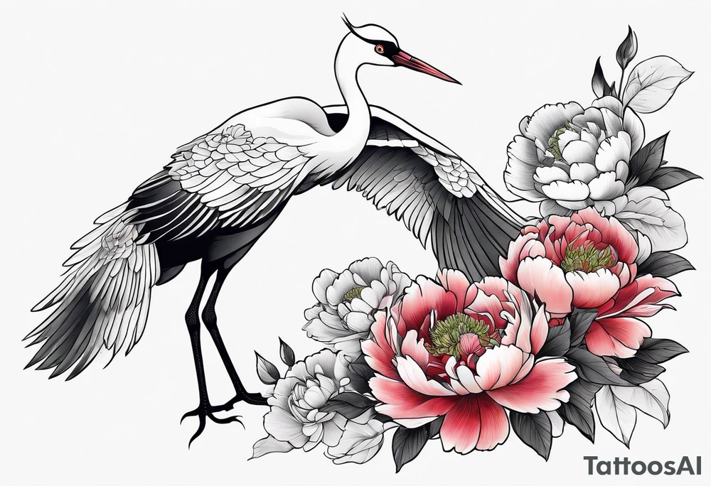 Japanese crane with peonies tattoo idea