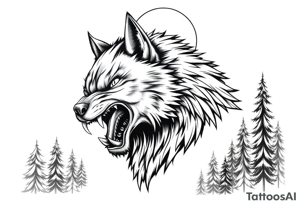 Fierce werewolf snarling, sharp teeth, moon cresting over shoulder,forest. tattoo idea