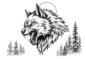 Fierce werewolf snarling, sharp teeth, moon cresting over shoulder,forest. tattoo idea