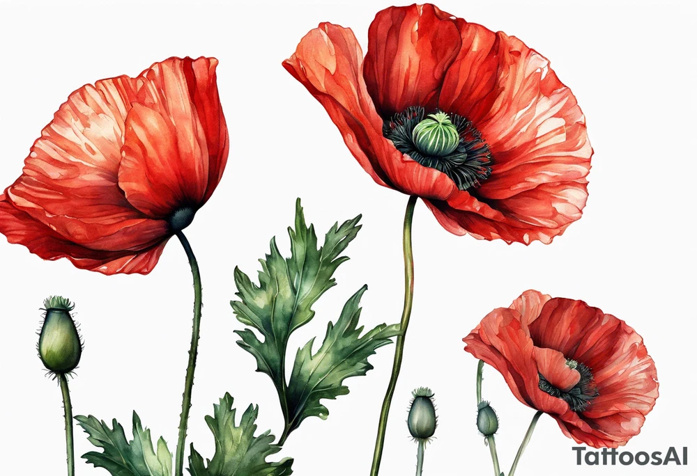 One Red poppy flower with long stem, no outline tattoo idea