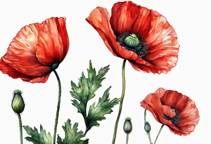 One Red poppy flower with long stem, no outline tattoo idea