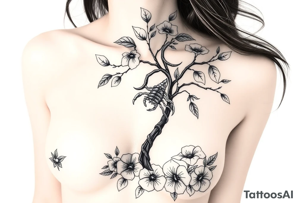 Body of a woman forming a blossoming peach tree with a Scorpio on a branch and morning glories & cosmo flowers underneath tattoo idea