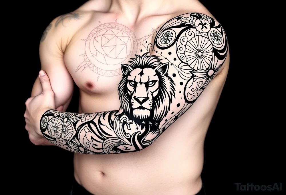 Tribal Sicilian sleeve with patterns
And symbols with a lion tattoo idea