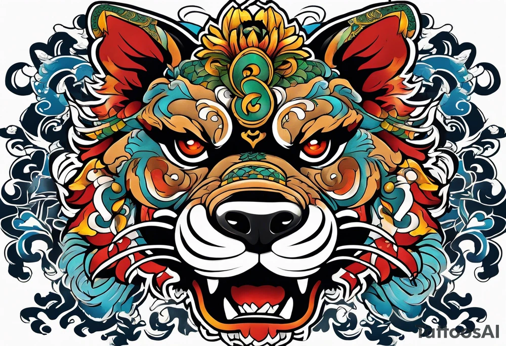 Okinawa style shisa dogs, chest/pecs, Yakuza style tattoo idea