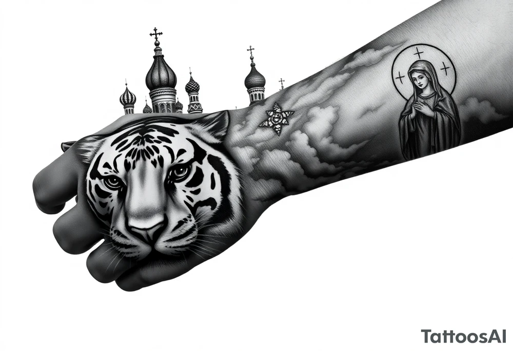 Realistic tiger face on the back of the hand with strong contrast and fine detail with all black eyes. then a highly detailed Russian Orthodox cathedral sitting above on the top fore arm with onion domes and orthodox crosses, done in fine line, engraving-like style. Cohesive composition, black ink only, no color, high contrast, slightly aged, documentary-style, plain light background. with clouds above and a virgin mary tattoo idea