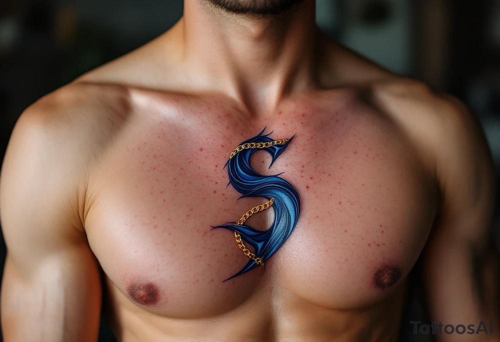 A royal blue "S" wrapped in a delicate gold chain, giving a luxurious feel. tattoo idea