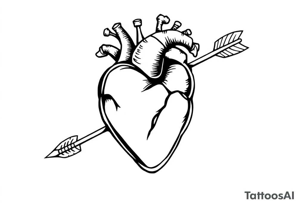 anatomical heart pierced by ornate arrow with flowing ribbons tattoo idea