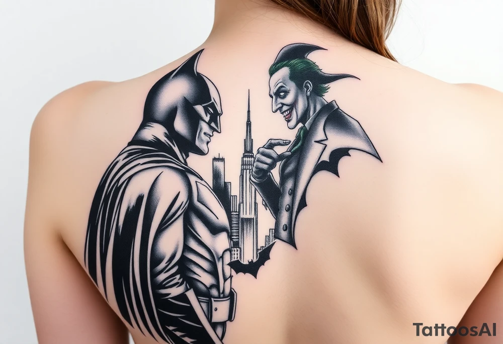 Batman facing off with the joker in Gotham city with buildings and with bat signal shinning realistic and detailed tattoo idea