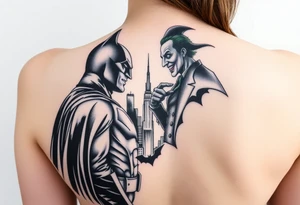 Batman facing off with the joker in Gotham city with buildings and with bat signal shinning realistic and detailed tattoo idea