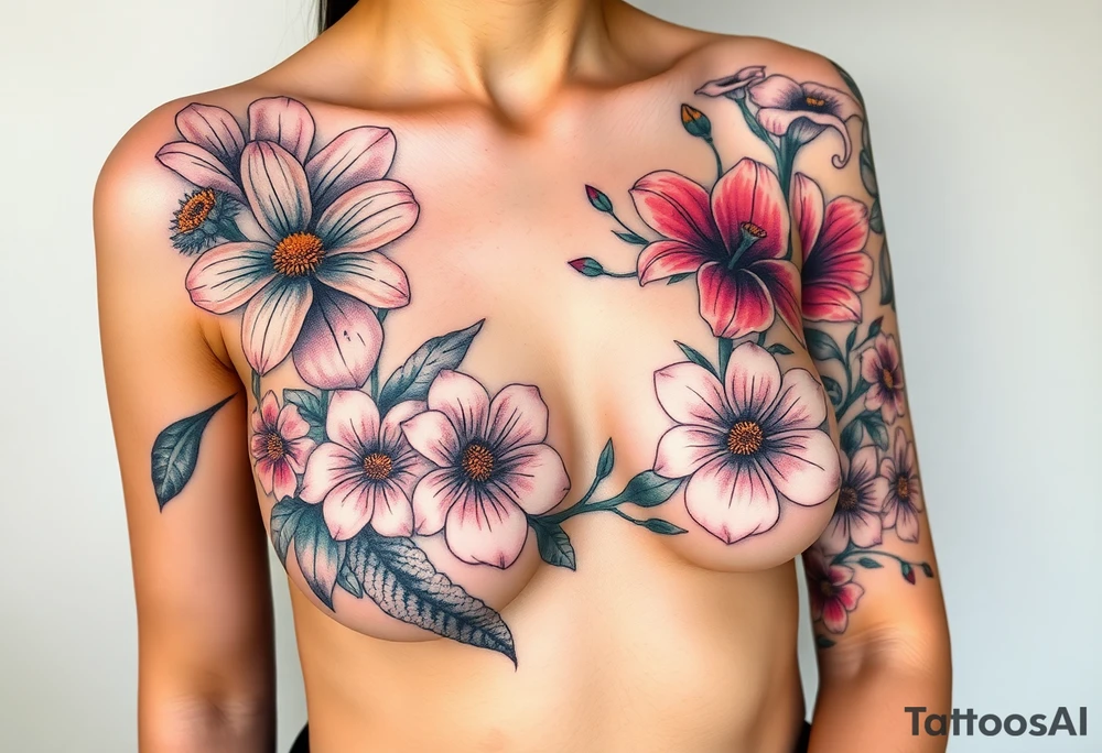This tattoo is on a woman. It starts on her left side of the chest on the pectoral with a Glaiolus and Daisy together, then the tattoo rises over the left shoulder and down the arm and ends at the elbow. The tattoo will include a primroses, Calla Lilys, and Lillys. It will be light on color except in the petals and has light shading to make it pop. It will not wrap around the chest but rather bloom upwards from the pectoral and spill over the shoulder and down to the elbow. tattoo idea