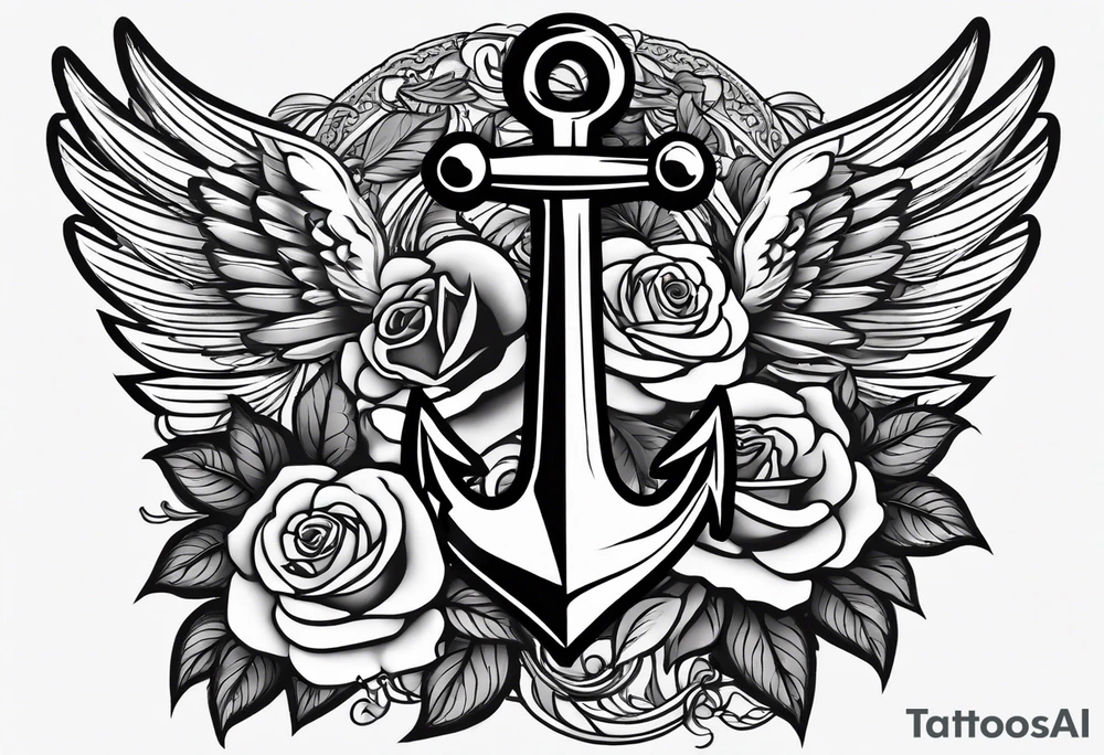 An anchor with a large S through the anchor. Angle wings on the left and right side. Roses below the anchor. Waves in the back ground tattoo idea