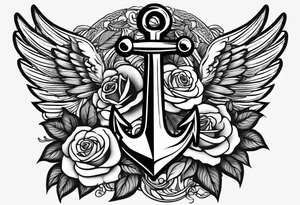 An anchor with a large S through the anchor. Angle wings on the left and right side. Roses below the anchor. Waves in the back ground tattoo idea
