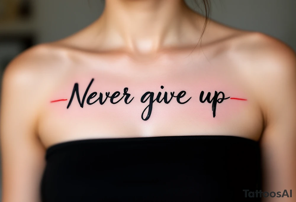 "Never give up" written in black brushstroke script with a red heartbeat line running underneath. tattoo idea