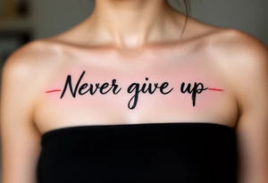 "Never give up" written in black brushstroke script with a red heartbeat line running underneath. tattoo idea