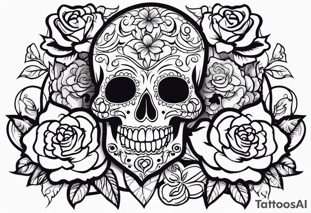 chest tattoo, from shoulder to shoulder, contains skulls, roses and muertos style girls. tattoo should be stretched horizontally tattoo idea