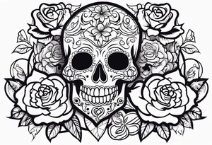 chest tattoo, from shoulder to shoulder, contains skulls, roses and muertos style girls. tattoo should be stretched horizontally tattoo idea