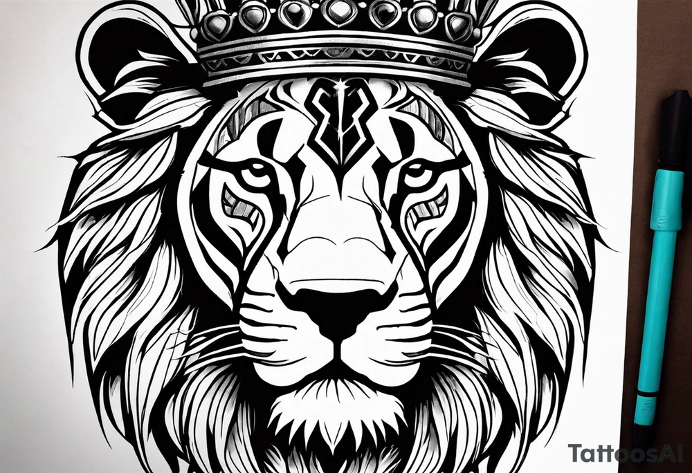 lion's face with a crown, two horizontal black stripes flanking the lion on either side, The overall style is bold and tribal-inspired, with clear, defined lines. tattoo idea